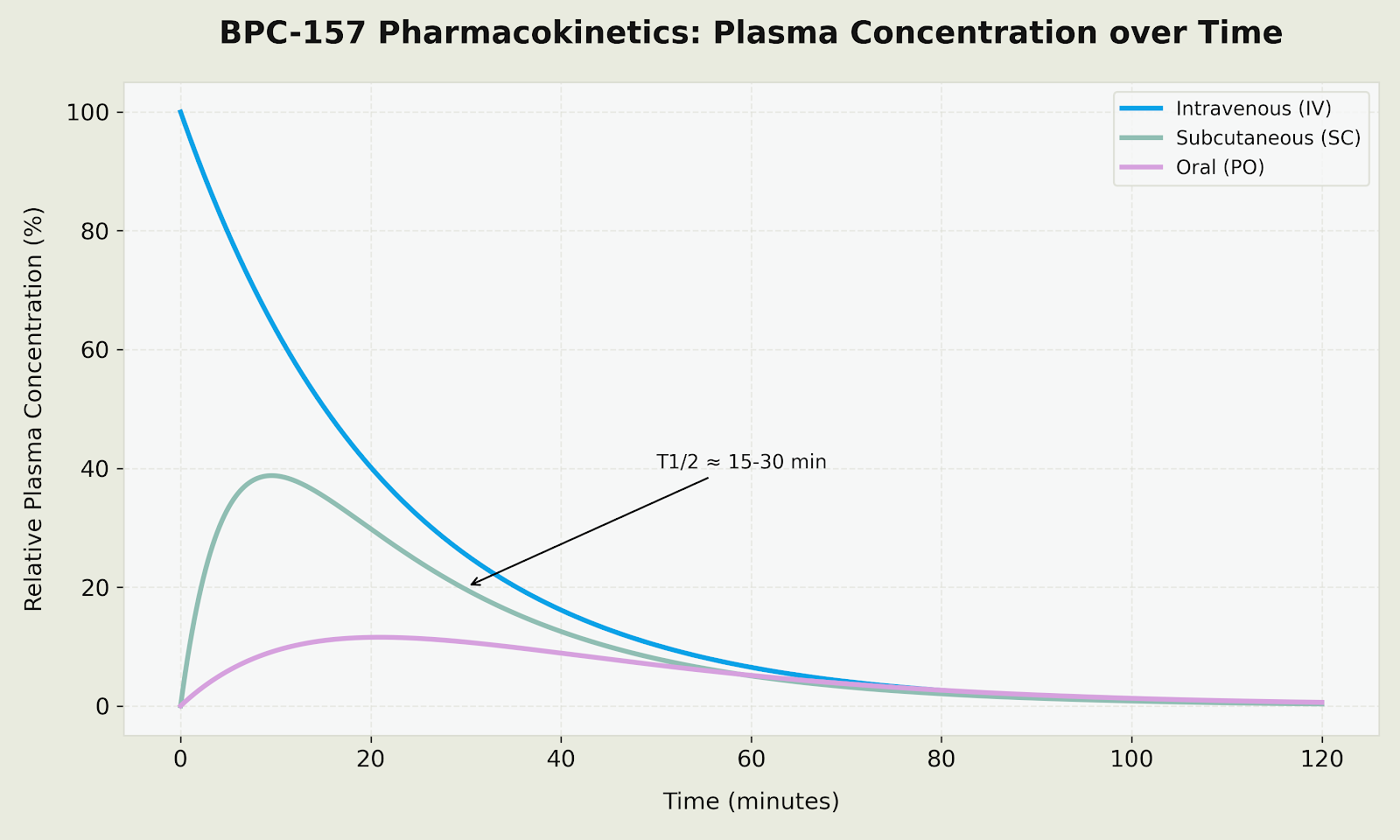BPC-157 pharmacokinetics chart showing plasma concentration over time for intravenous, subcutaneous, and oral administration routes. IV shows rapid peak at time zero followed by exponential decline. SC shows gradual absorption with peak around 10 minutes and half-life (T1/2) of approximately 15-30 minutes. Oral administration shows sustained lower plasma levels due to high gastric stability allowing effective oral bioavailability.