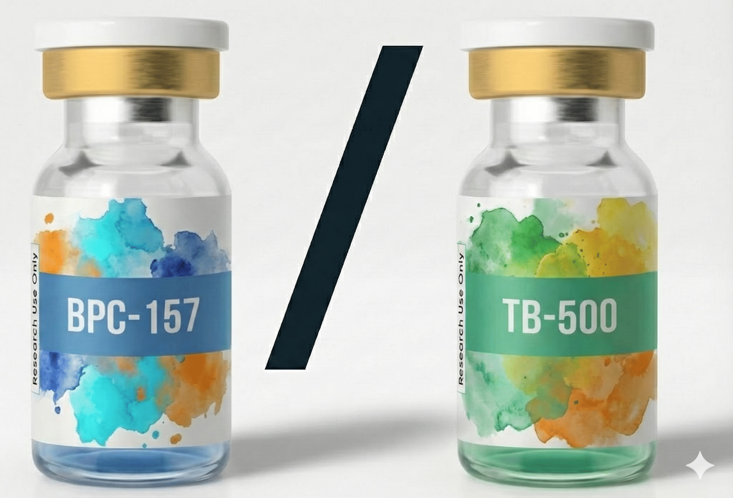 BPC-157 vs TB-500 comparison - research peptide vials showing gastric pentadecapeptide versus thymosin beta-4 fragment for tissue repair research