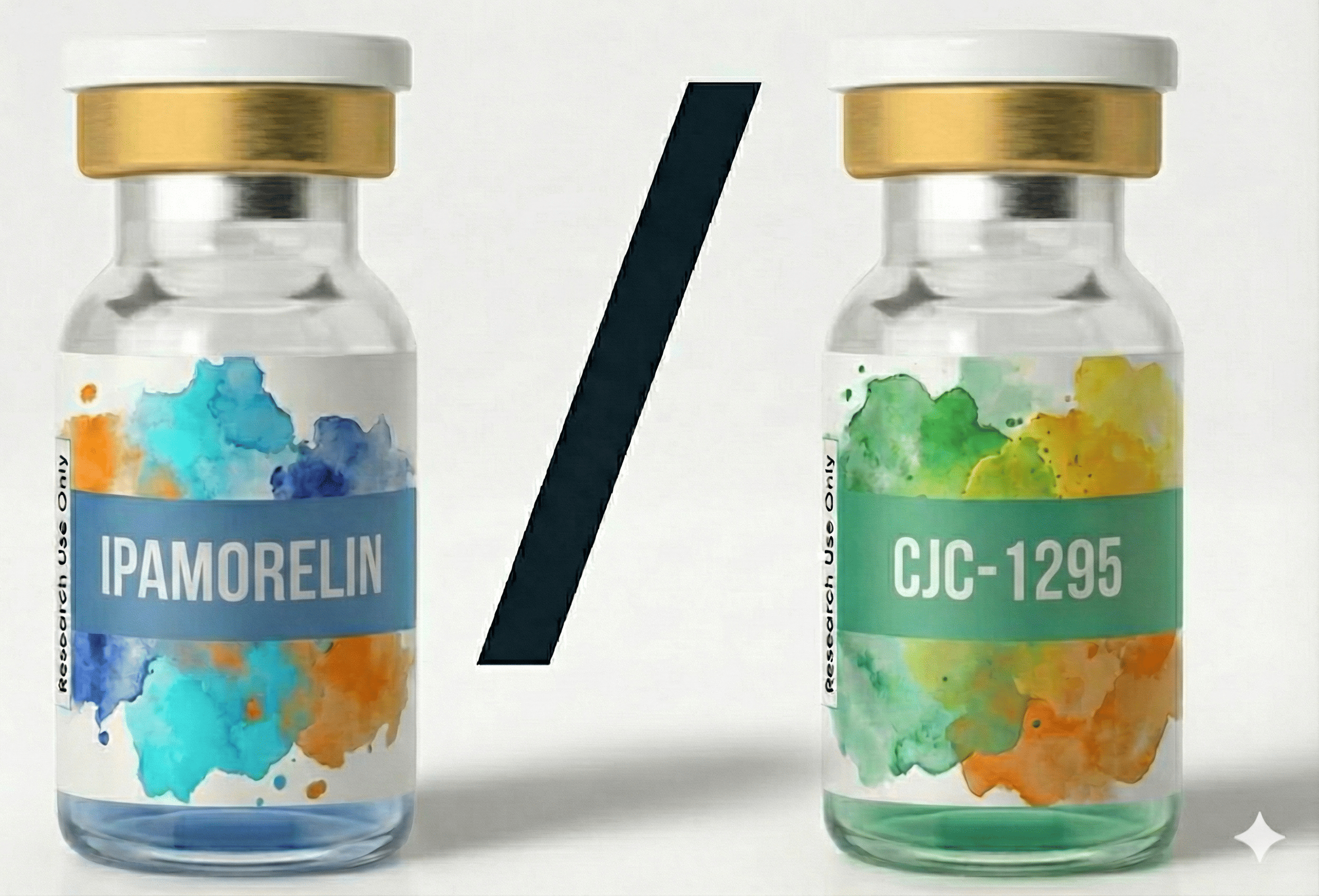 CJC-1295 vs Ipamorelin comparison - research peptide vials showing GHRH analog versus selective GHRP for growth hormone secretagogue research