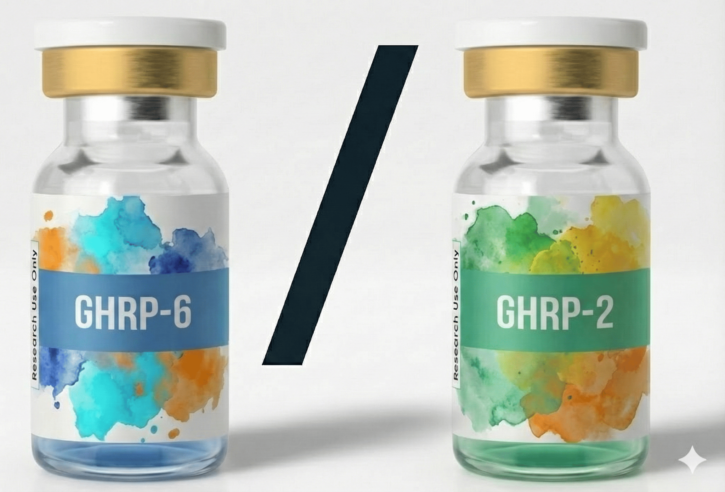 GHRP-6 vs GHRP-2 comparison - research peptide vials showing growth hormone releasing peptides for appetite and GH secretion research