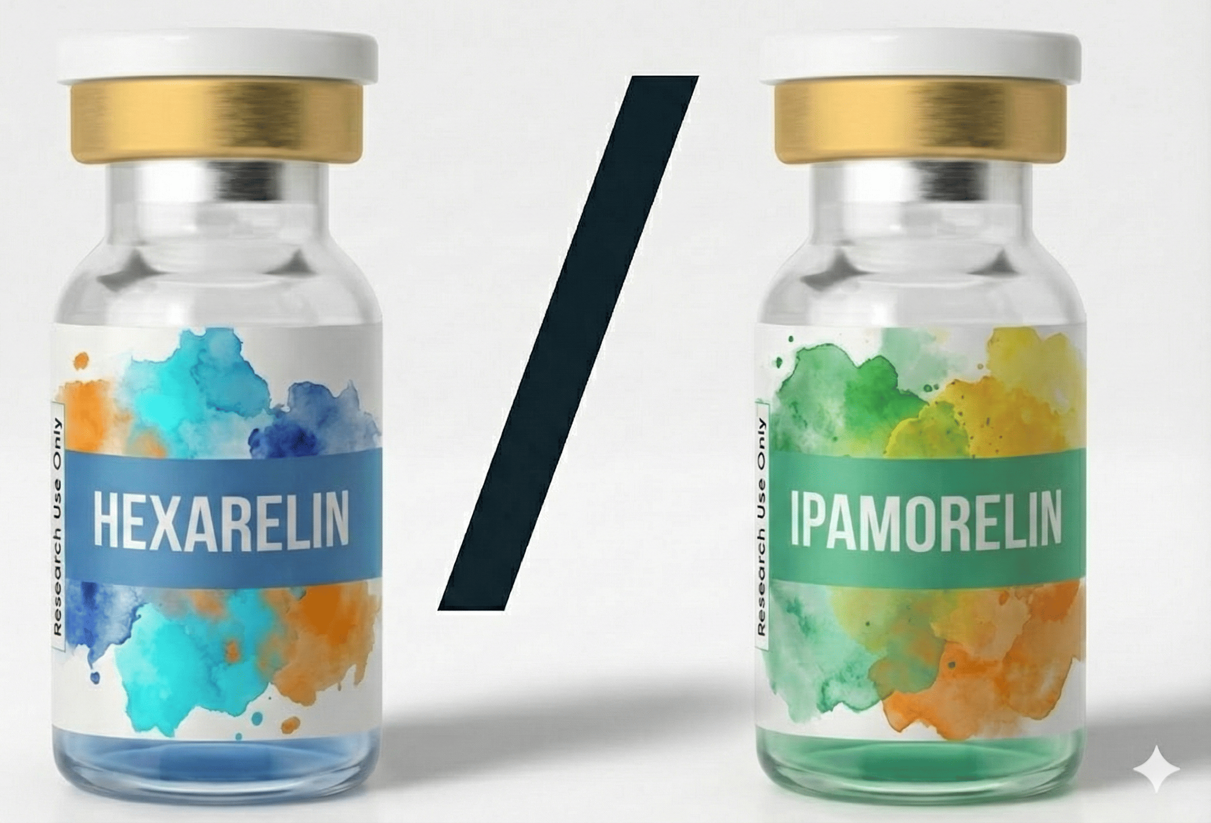 Hexarelin vs Ipamorelin comparison - research peptide vials showing potent GHRP versus selective GHRP for growth hormone secretagogue research