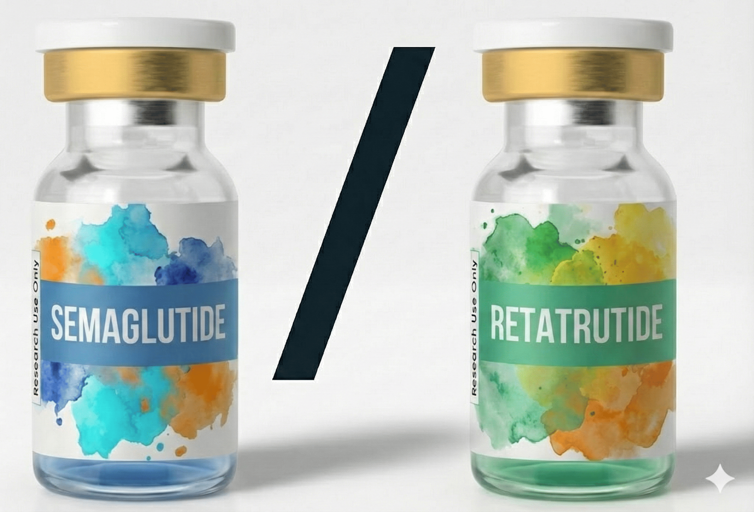 Semaglutide vs Retatrutide comparison - research peptide vials showing GLP-1 agonist versus triple GLP-1/GIP/Glucagon agonist for next-generation obesity research