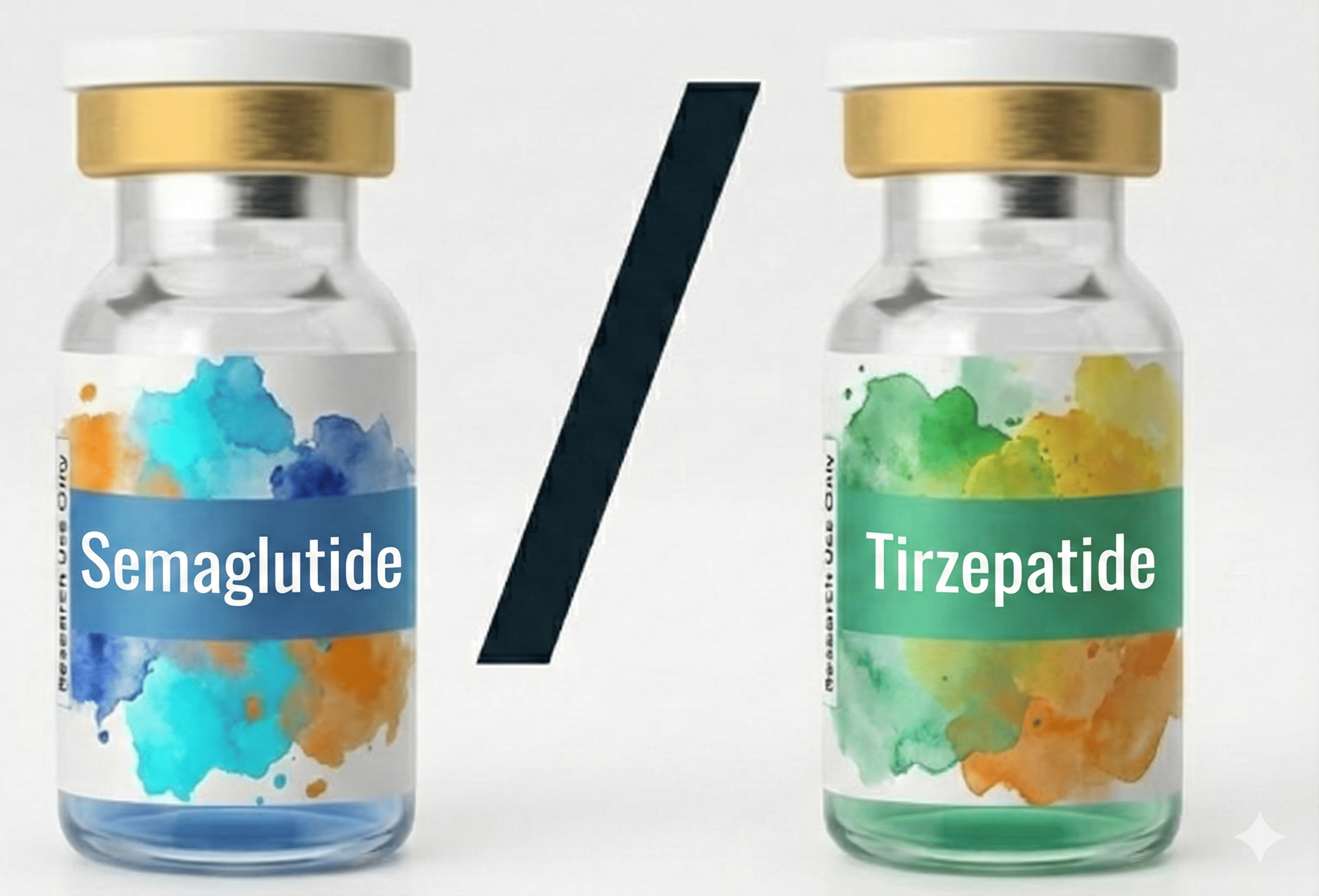 Semaglutide vs Tirzepatide comparison - research peptide vials showing GLP-1 agonist versus dual GIP/GLP-1 agonist for weight loss and glycemic control research