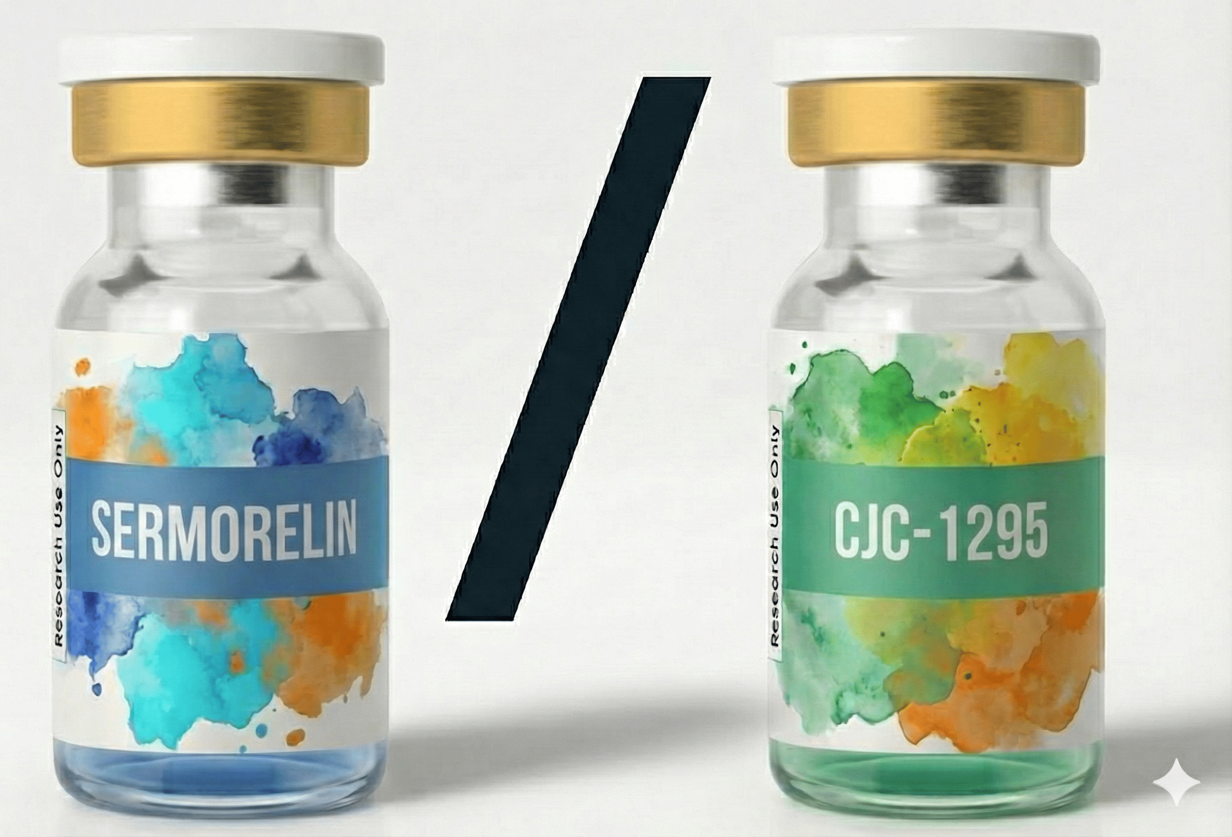 Sermorelin vs CJC-1295 comparison - research peptide vials showing GHRH analogs for growth hormone releasing hormone research